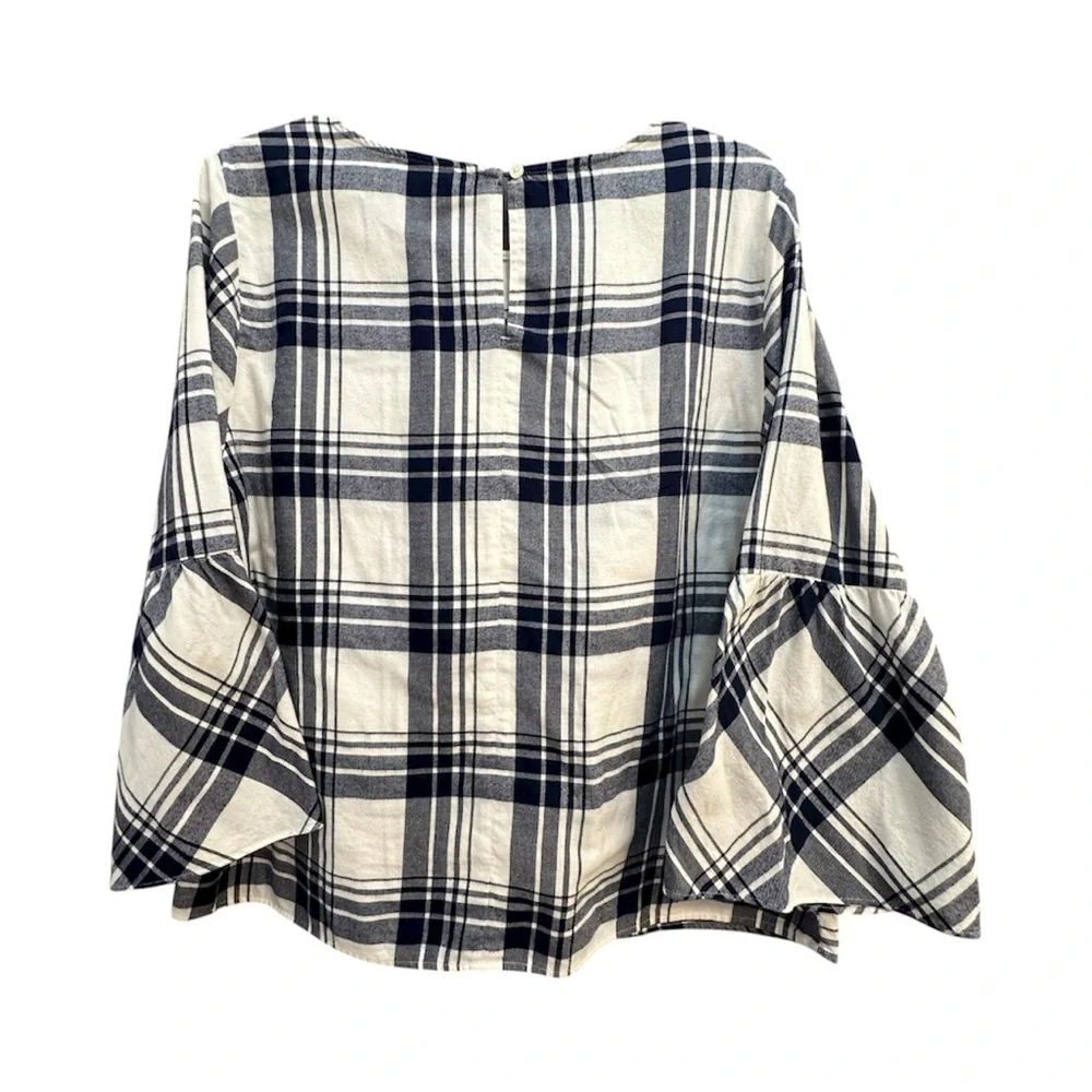 J.Crew Mercantile Plaid Bell Sleeve Blouse Top Navy Blue White Cotton Size 14